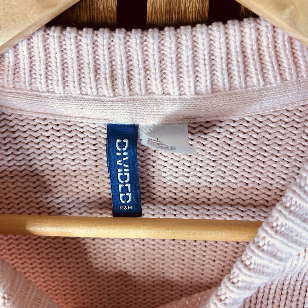 H&M Light Pink Long-Sleeved Sweater in Rib-Knit Cotton with V-Neck Womens Size L - Picture 4 of 9